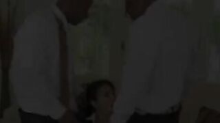 Sexy gorgeous Asian mature MILF sucks while buttfucked with black cocks in threesome