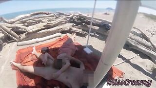 Exhibitionist Teacher Outdoor Amateur sexy beautiful MILF Handjob Big Cock on Nudity Beach public in front of voyeur with cum P2 - MissCreamy