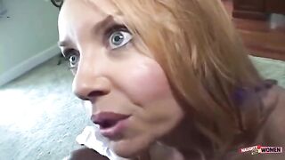 Redhead gorgeous MILF Trisha Caresses Her Big Tits While Giving the Guy a Perfect Blowjob